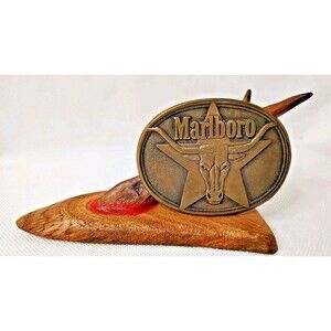 Marlboro SOLID BRASS Belt Buckle Vintage Bull Rodeo Cattle Collector Patina 1987